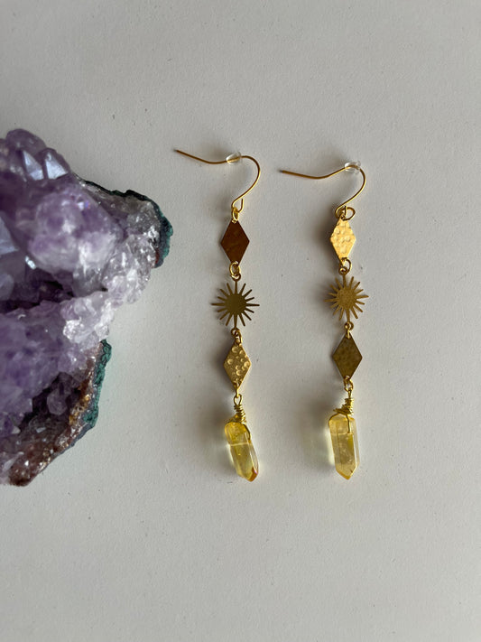Yellow Sunburst Quartz Drop Earrings