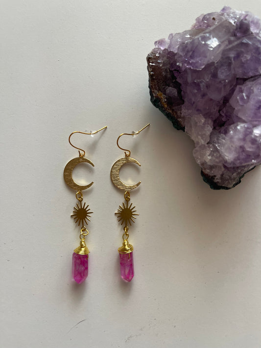 Pink Celestial Quartz Drop Earrings